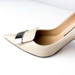 Sergio Rossi SR1 Pointed-Toe Beige Patent Leather with Silver Plate Pumps — Size 38 - Image 3