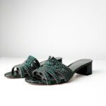 Gina Green Croc-Embossed Patent Leather with Crystal Embellishments Stirling Block Heel Sandals — Size 5 UK