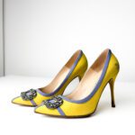 Manolo Blahnik Yellow Satin with Blue Trim & Crystal Buckle Hangisi Pumps — Size 38