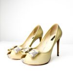 Louis Vuitton Cream Damier Azur Bow Patent Leather Peep-Toe Pumps — Size 38