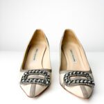 Manolo Blahnik Beige with Grey Trim & Crystal Buckle Hangisi Satin Pumps — Size 38 - Image 3