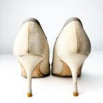Manolo Blahnik Beige with Grey Trim & Crystal Buckle Hangisi Satin Pumps — Size 38 - Image 4