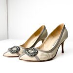Manolo Blahnik Beige with Grey Trim & Crystal Buckle Hangisi Satin Pumps — Size 38