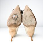 Manolo Blahnik Beige with Grey Trim & Crystal Buckle Hangisi Satin Pumps — Size 38 - Image 6