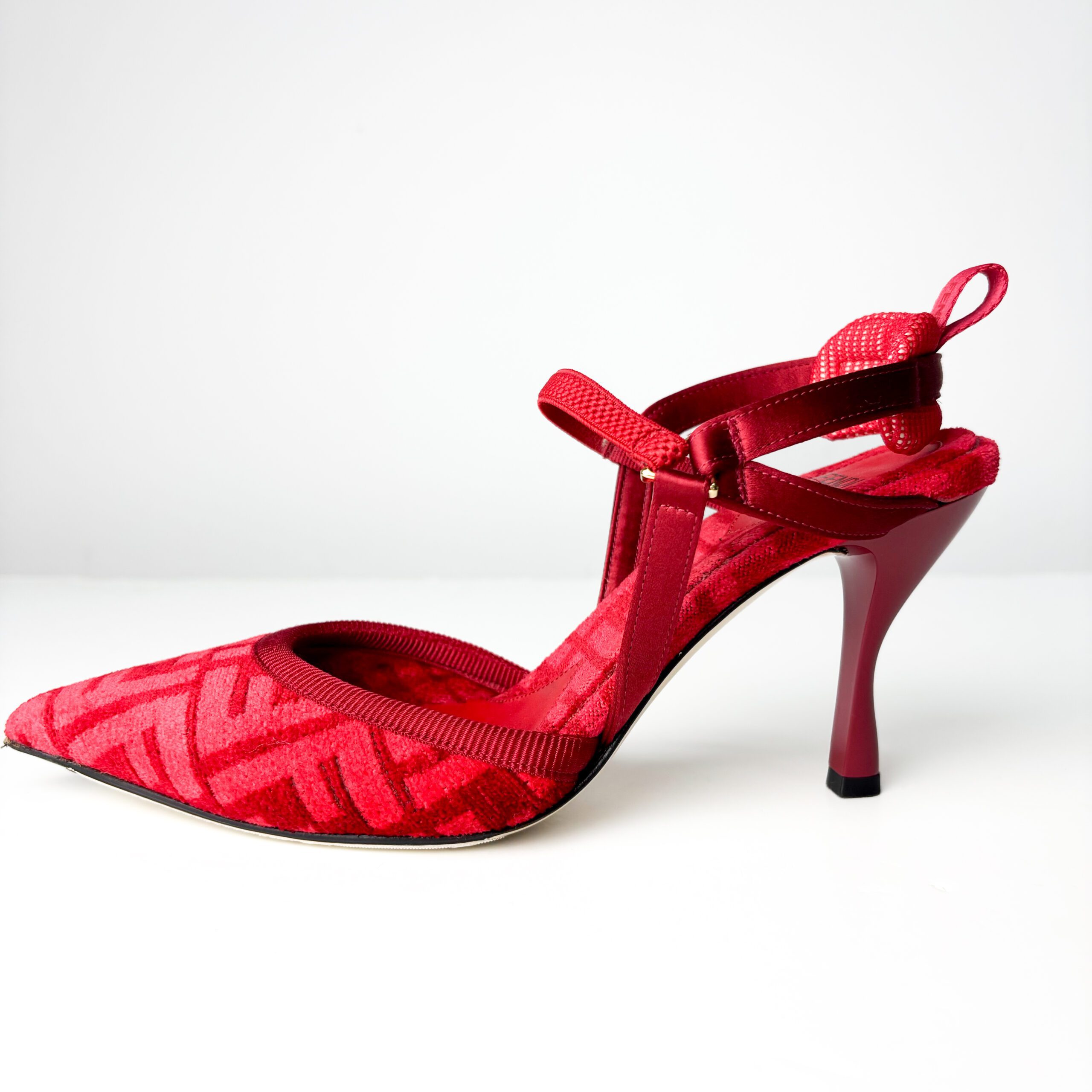 IMG_1620 Fendi Colibrì FF-Motif Red Velvet Pointed-Toe Slingback Pumps — 85mm — Size 36 - Image 1