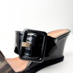 Fendi Black Patent Leather & Tobacco Zucca Canvas Demi Wedge Sandals — Size 39 - Image 4