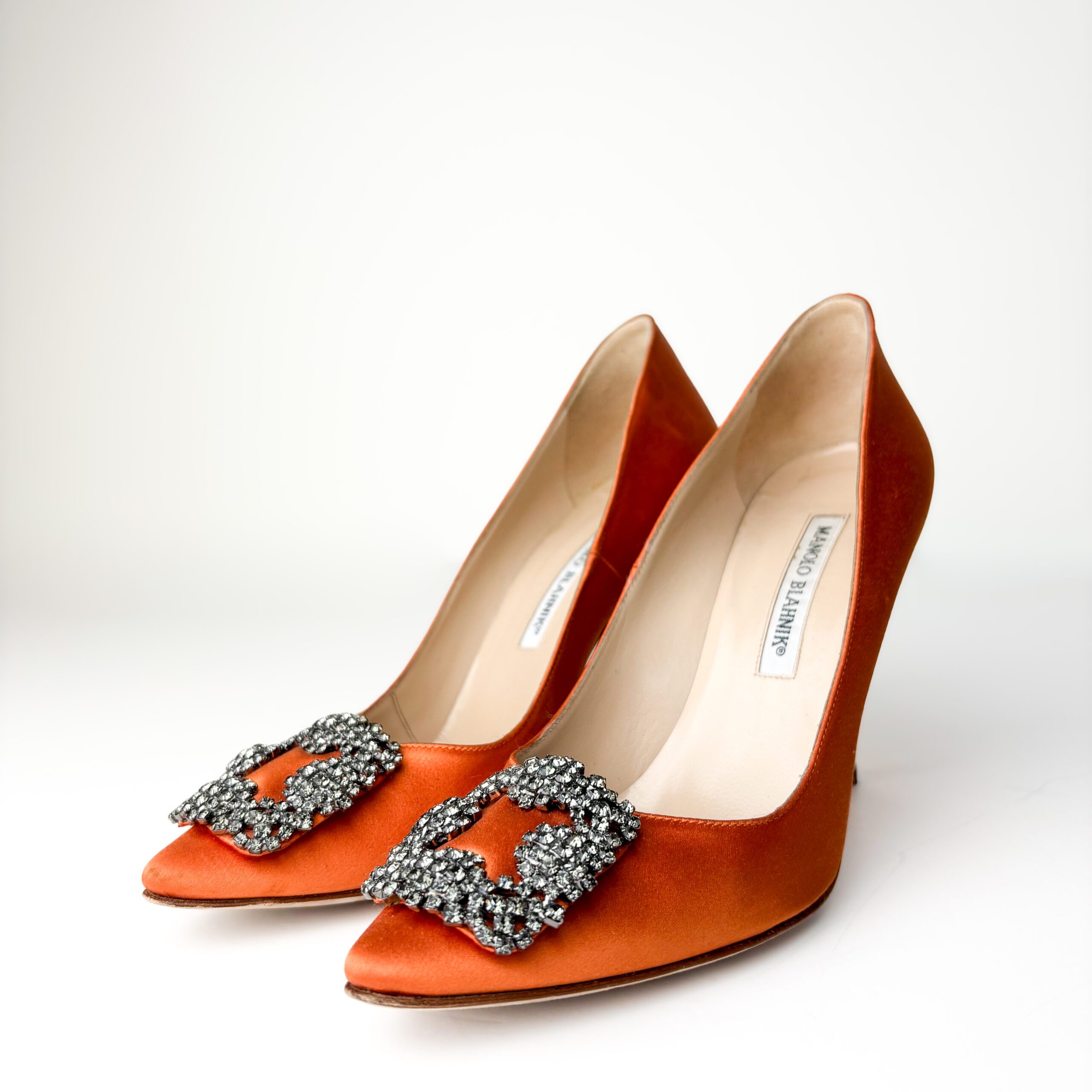 IMG_3648 Manolo Blahnik Hangisi 105mm Crystal-Embellished Pointed-Toe Pumps in Orange Satin β Size 37.5 - Image 1