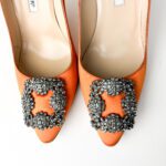 Manolo Blahnik Hangisi 105mm Crystal-Embellished Pointed-Toe Pumps in Orange Satin β Size 37.5 - Image 5