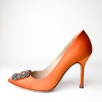 Manolo Blahnik Hangisi 105mm Crystal-Embellished Pointed-Toe Pumps in Orange Satin β Size 37.5 - Image 2