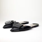 Jimmy Choo Gretchen Flat Mules in Black Leather with Micro-Stud Bow — Size 39.5