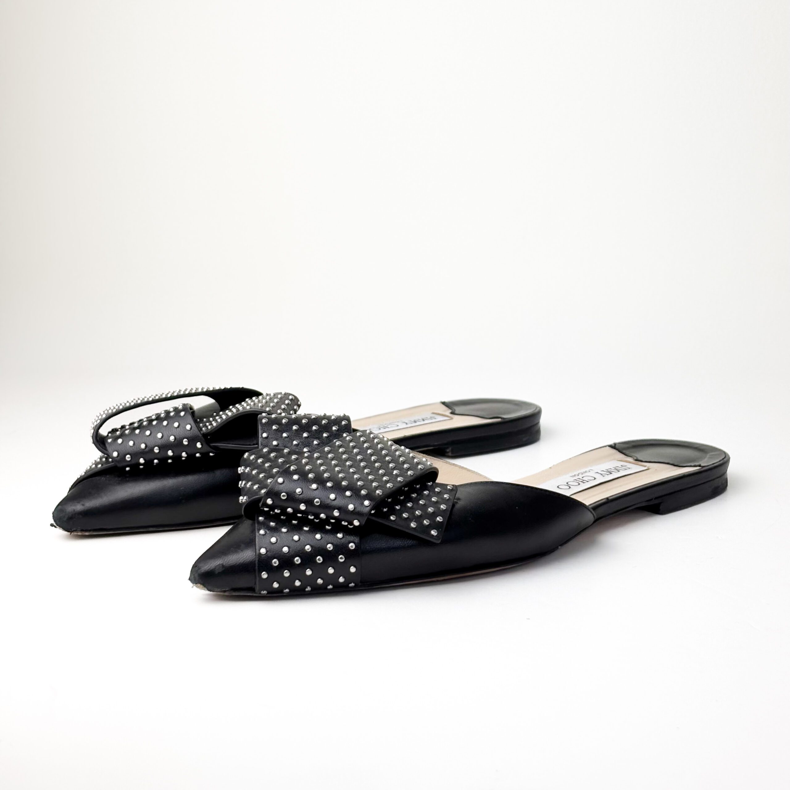 IMG_3693 Jimmy Choo Gretchen Flat Mules in Black Leather with Micro-Stud Bow — Size 39.5 - Image 1