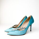 Manolo Blahnik Nadira Pointed-Toe Pumps in Tiffany Blue Satin with Crystal Leaf Embellishments — Size 37.5