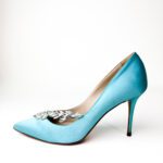 Manolo Blahnik Nadira Pointed-Toe Pumps in Tiffany Blue Satin with Crystal Leaf Embellishments — Size 37.5 - Image 4