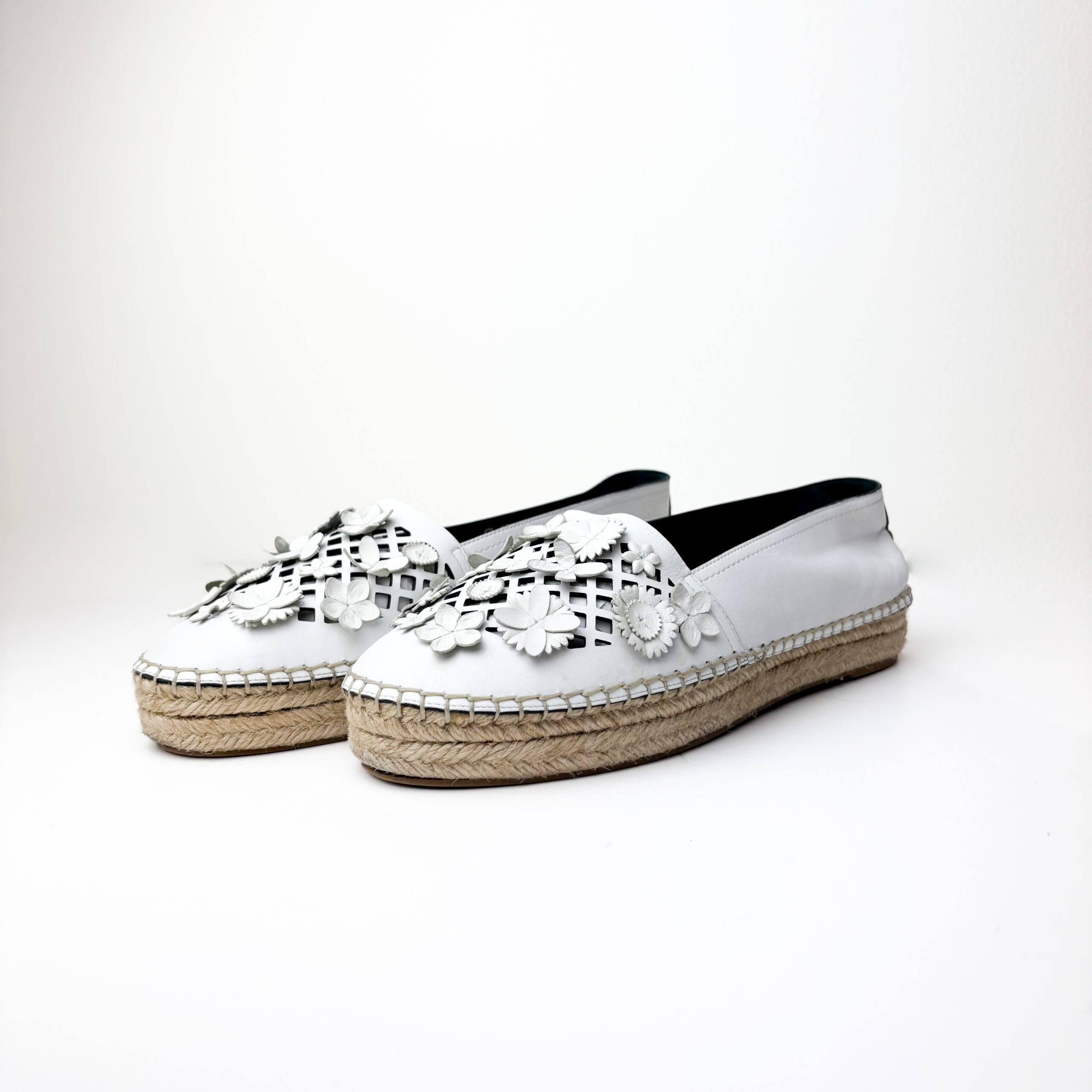 IMG_3889 Christian Dior Granville “Flore” Espadrilles in White Laser-Cut Leather with Floral Appliqué — Size 38.5 - Image 1