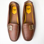 Fendi Brown Pebbled Leather Loafers with Turquoise Stitching & FF Hardware — Size 39 - Image 3