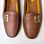 Fendi Brown Pebbled Leather Loafers with Turquoise Stitching & FF Hardware — Size 39 - Image 10