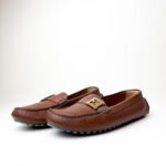 Fendi Brown Pebbled Leather Loafers with Turquoise Stitching & FF Hardware — Size 39