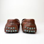 Fendi Brown Pebbled Leather Loafers with Turquoise Stitching & FF Hardware — Size 39 - Image 5