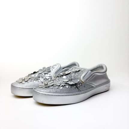Christian Dior “Dior Happy” Slip-On Sneakers in Silver Leather & Glitter with Floral Sequin Embellishments — Size 38