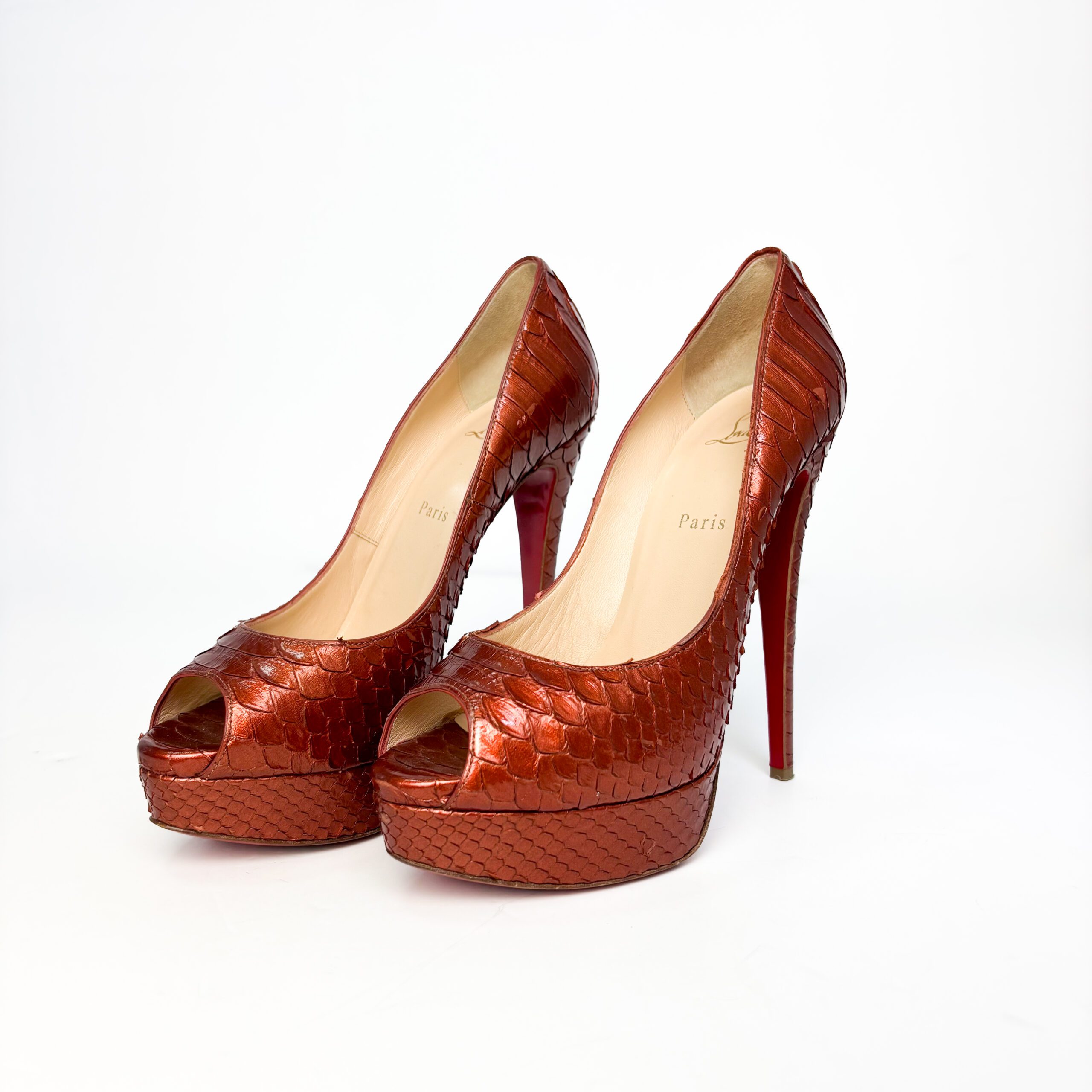 IMG_3975 Christian Louboutin Dark Orange Python Leather Lady Peep Pumps β Size 39 - Image 1