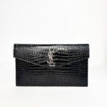 Saint Laurent Uptown Pouch in Black Croc-Embossed Shiny Leather with Silver-Tone YSL Hardware