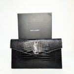Saint Laurent Uptown Pouch in Black Croc-Embossed Shiny Leather with Silver-Tone YSL Hardware - Image 6