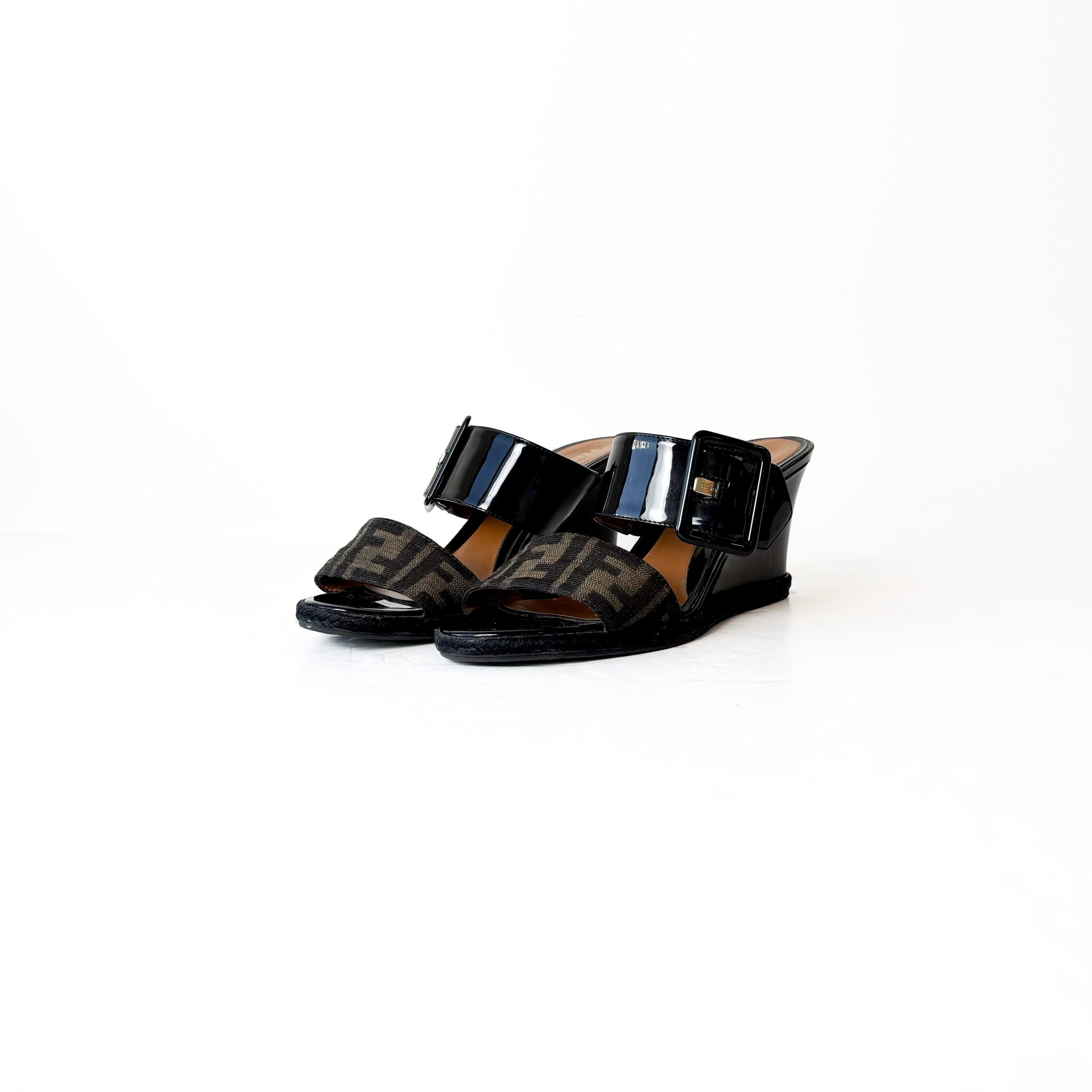 IMG_6818 Fendi Black Patent Leather & Tobacco Zucca Canvas Demi Wedge Sandals — Size 39 - Image 1