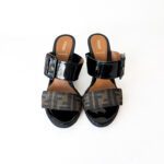 Fendi Black Patent Leather & Tobacco Zucca Canvas Demi Wedge Sandals — Size 39 - Image 3