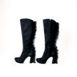 Saint Laurent Black Suede Fur Trim Palais Mohawk Leather Knee-High Heeled Boots - Size 38 - Image 4