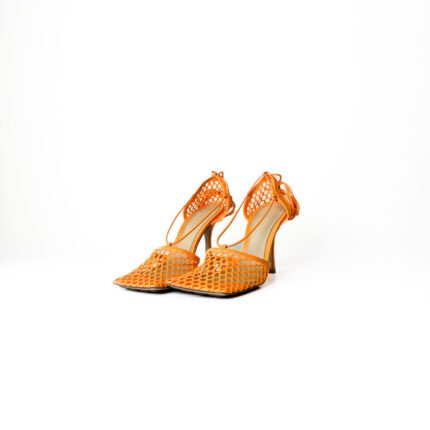 Bottega Veneta Tangerine Orange Mesh & Leather Stretch Lace-Up Sandals – Size 39.5