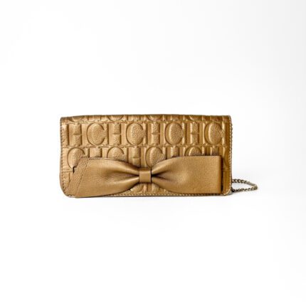 Carolina Herrera Metallic Bronze/Gold Embossed Leather Bow Clutch