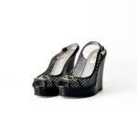 Valentino Black Patent Leather Logo Embellished Wedge Peep Toe Sandals Size 37