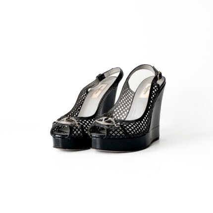 Valentino Black Patent Leather Logo Embellished Wedge Peep Toe Sandals Size 37