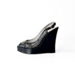 Valentino Black Patent Leather Logo Embellished Wedge Peep Toe Sandals Size 37 - Image 2