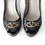Valentino Black Patent Leather Logo Embellished Wedge Peep Toe Sandals Size 37 - Image 7