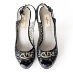 Valentino Black Patent Leather Logo Embellished Wedge Peep Toe Sandals Size 37 - Image 5
