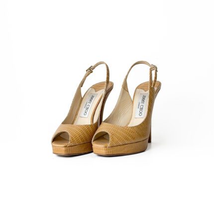 Jimmy Choo Yellow Lizard Embossed Leather Accents Peep Toe Slingback Pumps Size 35
