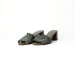 Gina London Crystal Olive Croc-Embossed Leather Strap Block-Heel Mules – Size 39