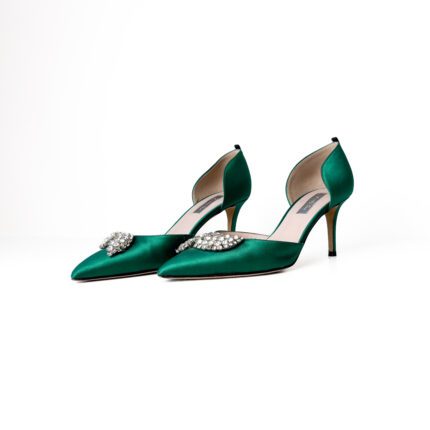 SJP by Sarah Jessica Parker Emerald Green Satin Crystal-Embellished Pointed-Toe D'Orsay Pumps – Size 38