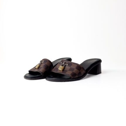 Louis Vuitton Brown Canvas / Black Leather (Middle East Exclusive) Damier Ebene Lock It Mule Sandals – Size 37