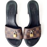 Louis Vuitton Brown Canvas / Black Leather (Middle East Exclusive) Damier Ebene Lock It Mule Sandals – Size 37 - Image 3
