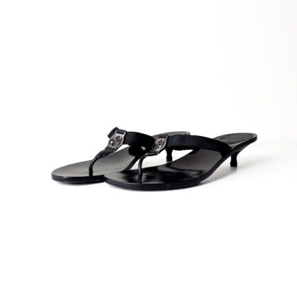 Gucci Interlocking G Black Leather & Canvas Kitten Heel Thong Sandals – Size 40.5