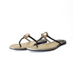 Fendi Logo Gold & Black Leather O'Lock T-Strap Thong Sandals – Size 41