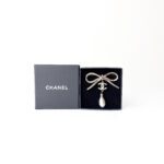 Chanel Ribbon Bow CC Dangle Pearl Brooch