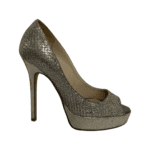 Jimmy Choo Silver Glitter Fabric Dahlia Platform Peep Toe Pumps Size 34 - Image 4