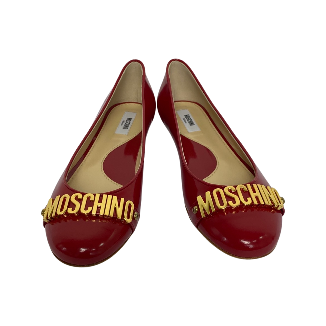 Moschino Red Leather Logo Embellished Ballet Flats Size 38 - Image 2