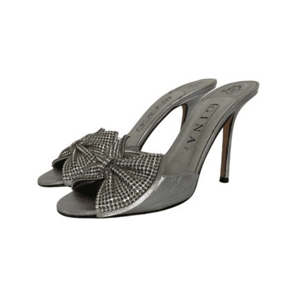 Gina Silver Leather Crystal Embellished Bow Open Toe Sandals Size 39