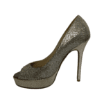 Jimmy Choo Silver Glitter Fabric Dahlia Platform Peep Toe Pumps Size 34 - Image 3