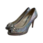 Gucci Metallic Textured Leather-iridescent Horsebit Peep Toe Pumps Size 36.5