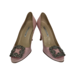 Manolo Blahnik Pink Satin Hangisi Crystal Embellished Pointed Toe Pumps Size 37 - Image 2